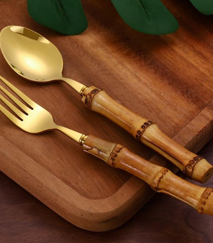 24 Pc Natural Bamboo Handle Cutlery Set Stainless Steel Flatware