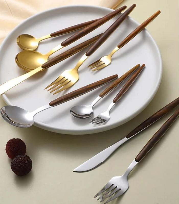 30-Piece Cutlery Set – Stainless Steel Dinnerware with Wooden-Style Handles (304 Grade, Elegant Design)