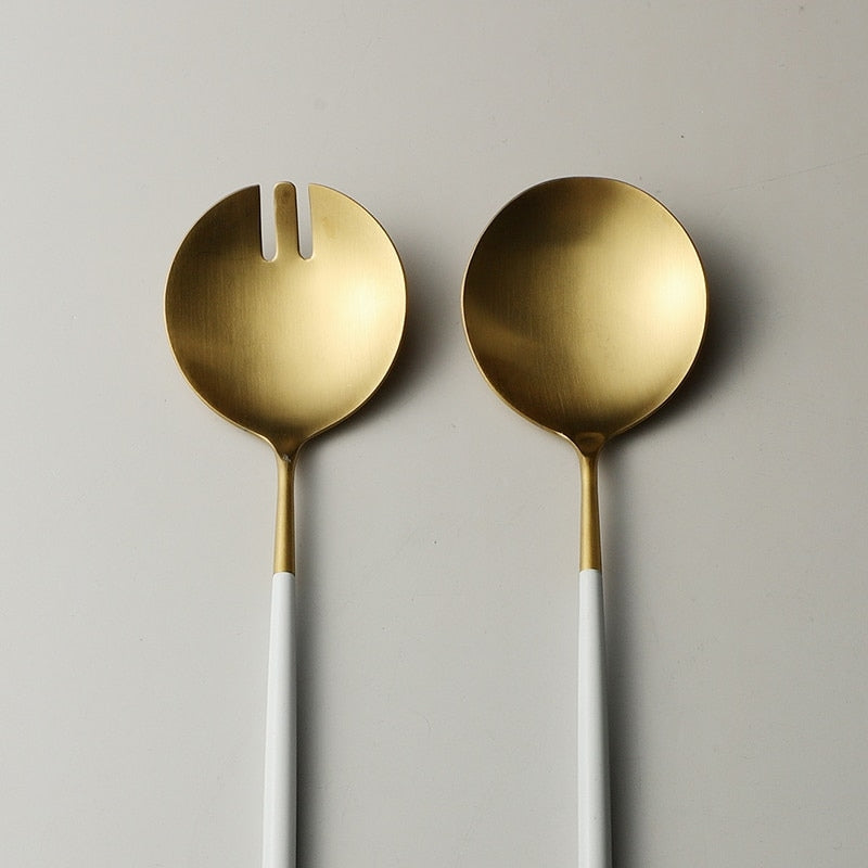 White and Gold Salad Servers and Serving Utensils Set