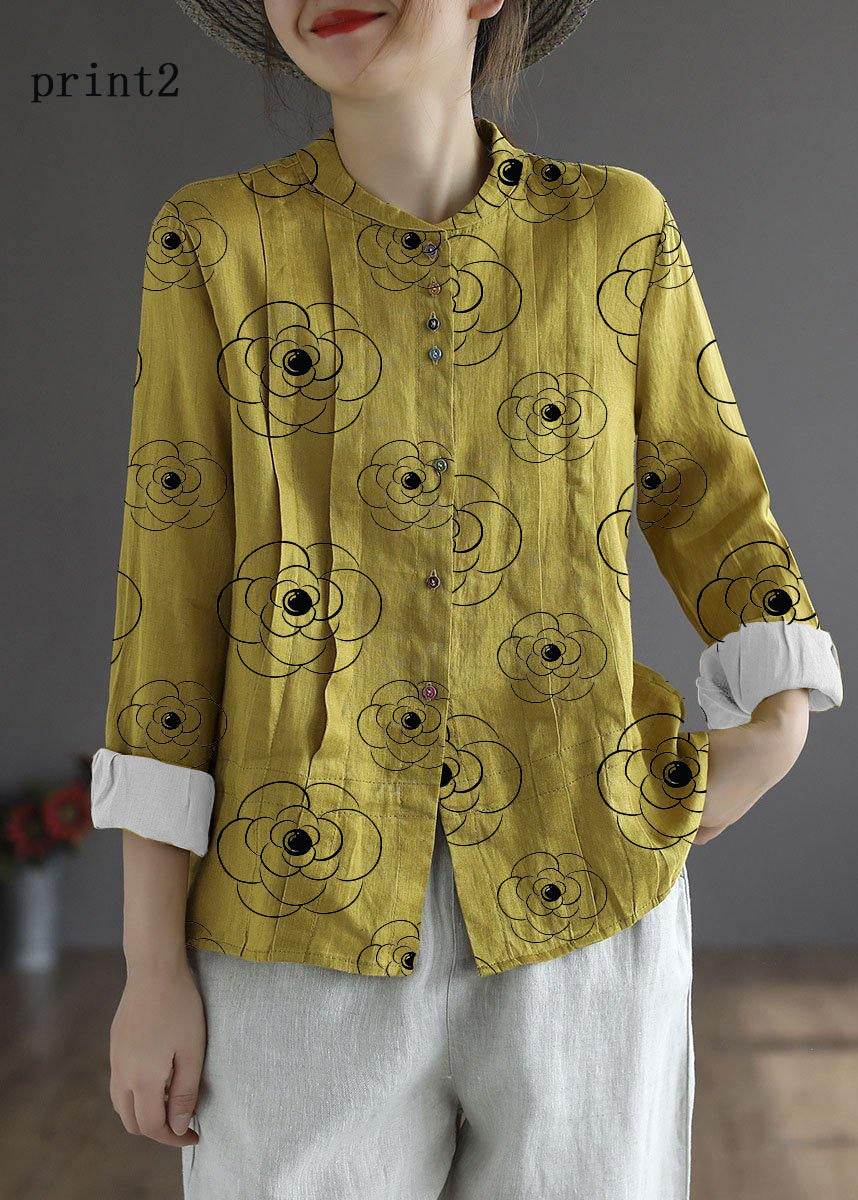 Women Yellow Elegant Button Fall Top Long Sleeve Linen