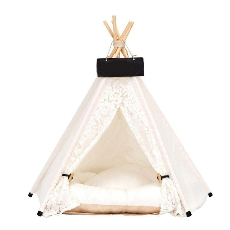 White Lace Boho Dog Teepee with Plush Dog Bed