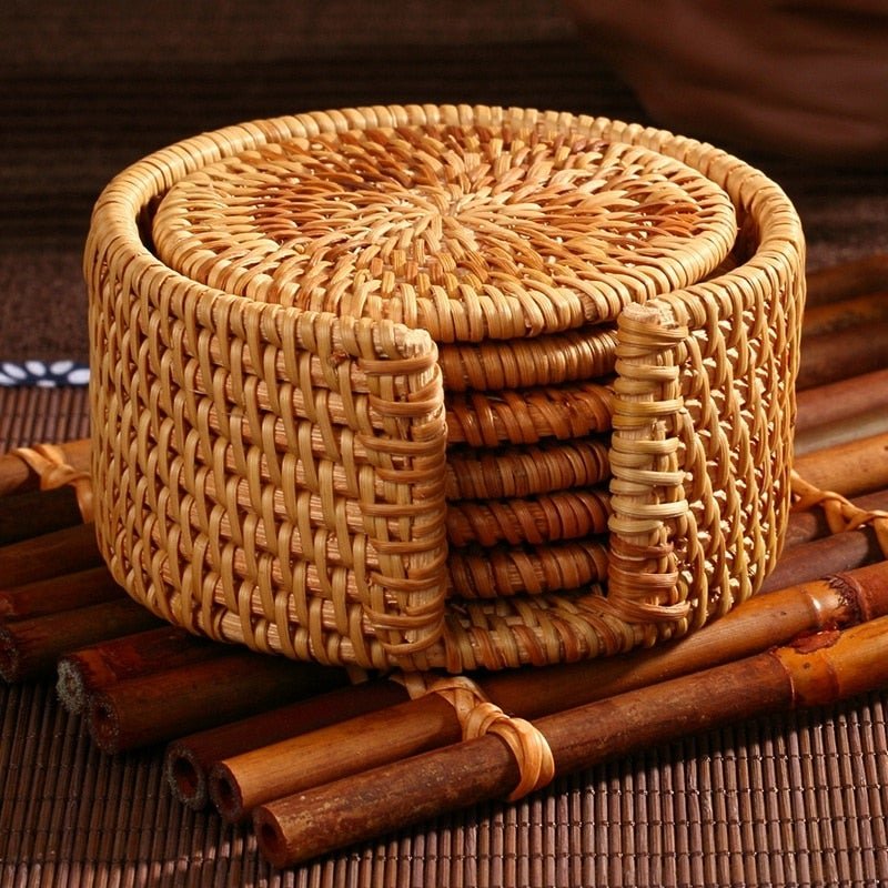 6Pcs Rattan Drink Coaster Set