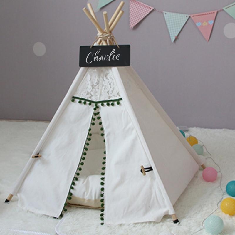 Vintage Green and Ivory Lace Pom Pom Dog Teepee with Dog Cushion