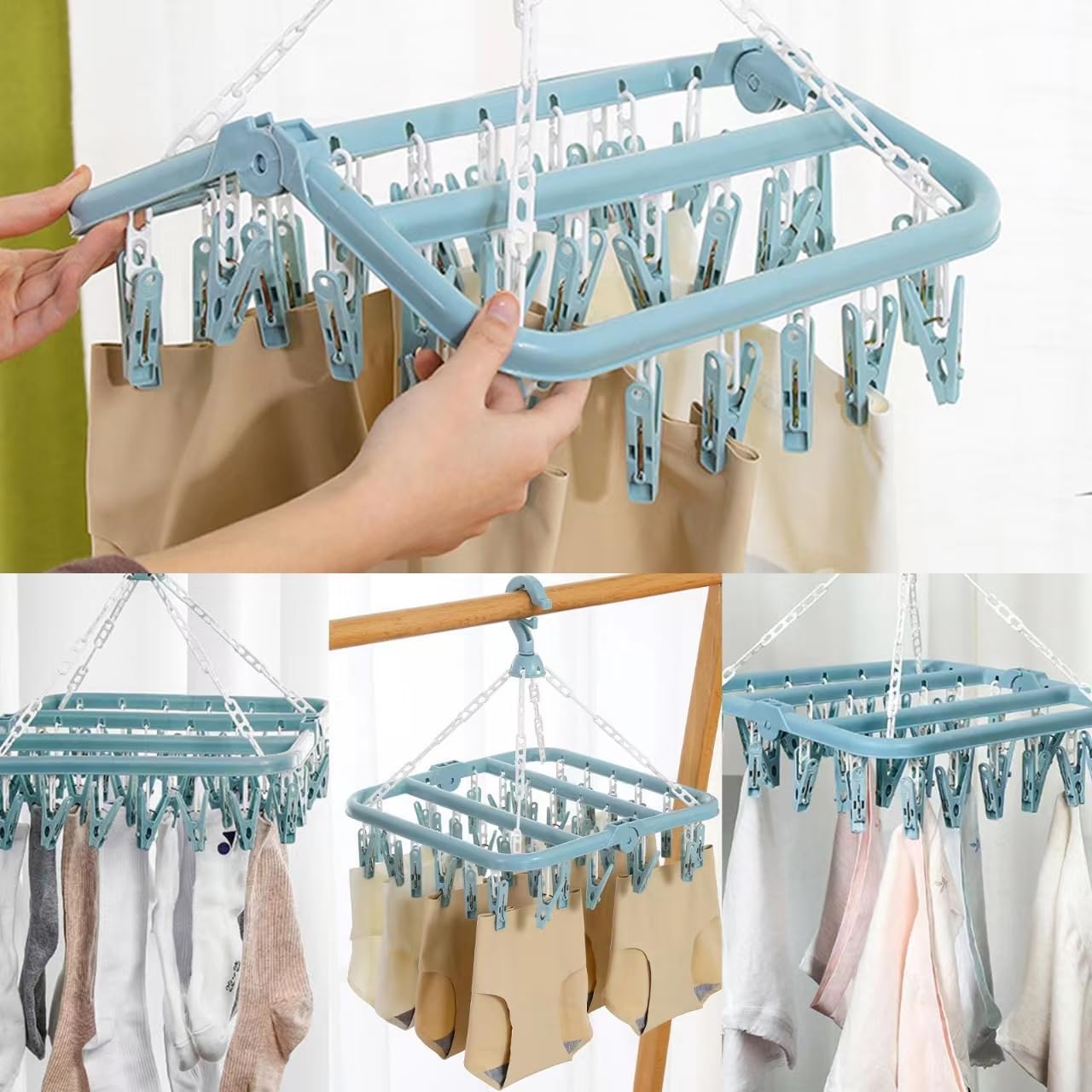 32-Clip Clothes Drying Hanger – Space-Saving Foldable Laundry Rack for Socks, Underwear, and Delicates