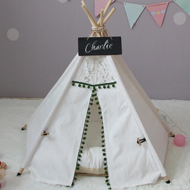 Vintage Green and Ivory Lace Pom Pom Dog Teepee with Dog Cushion