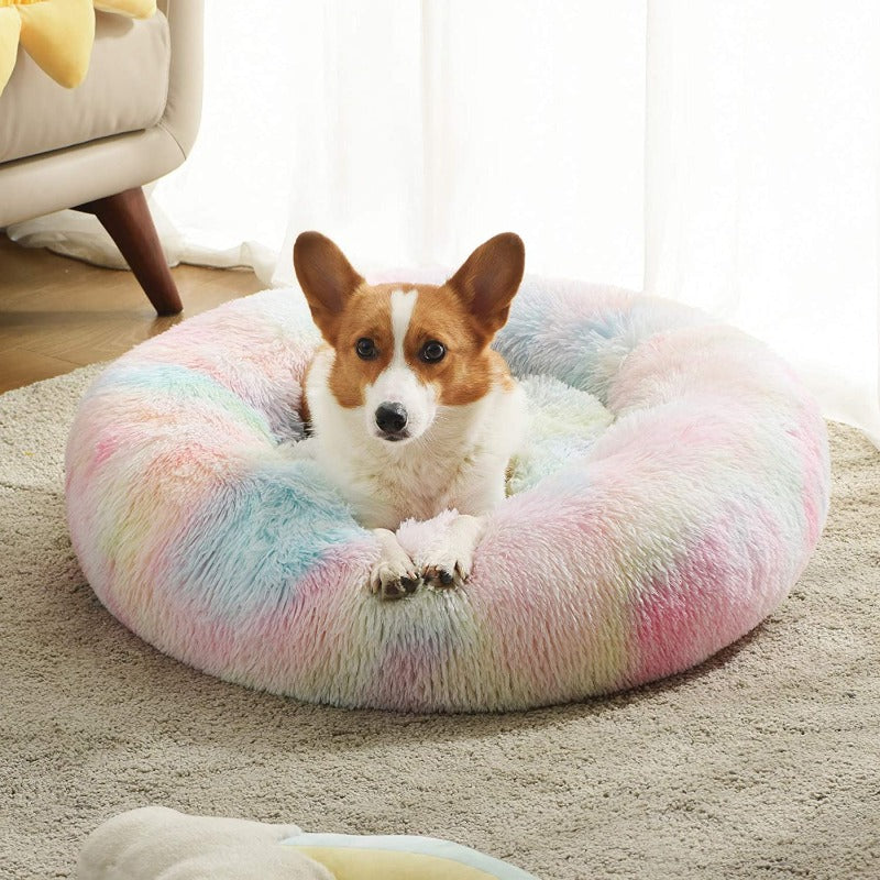 Round Rainbow Extra Plush Calming Donut Dog Beds