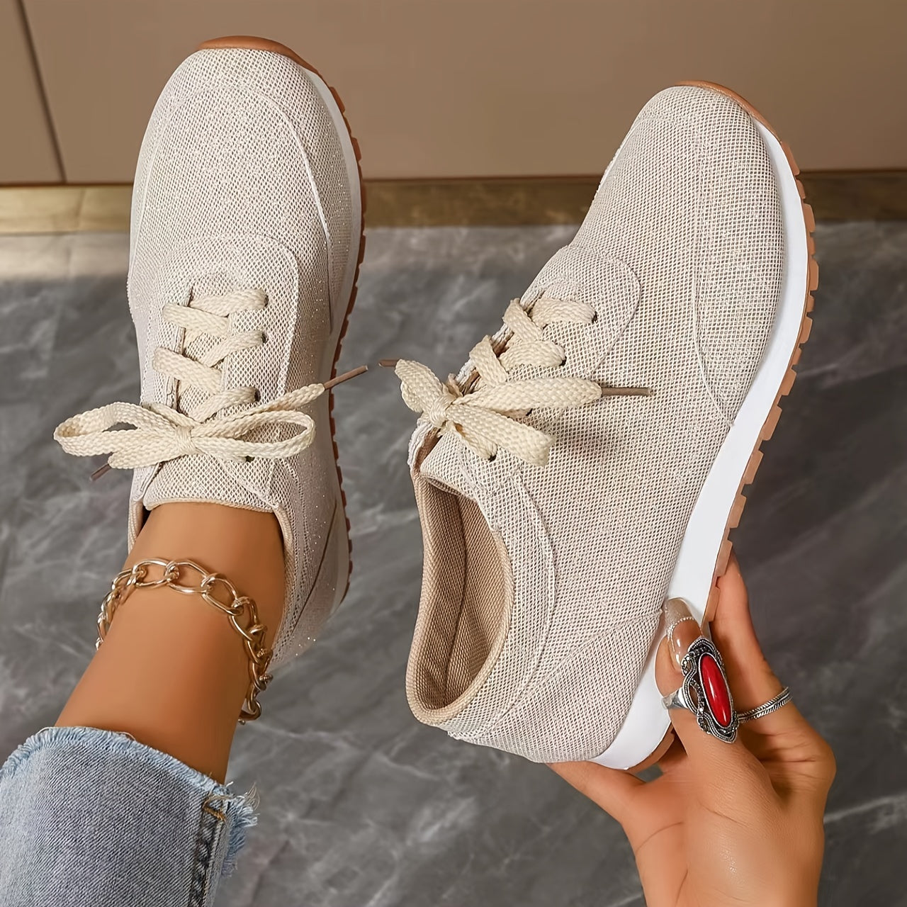 Beige linen look sneakers - Nora shoes