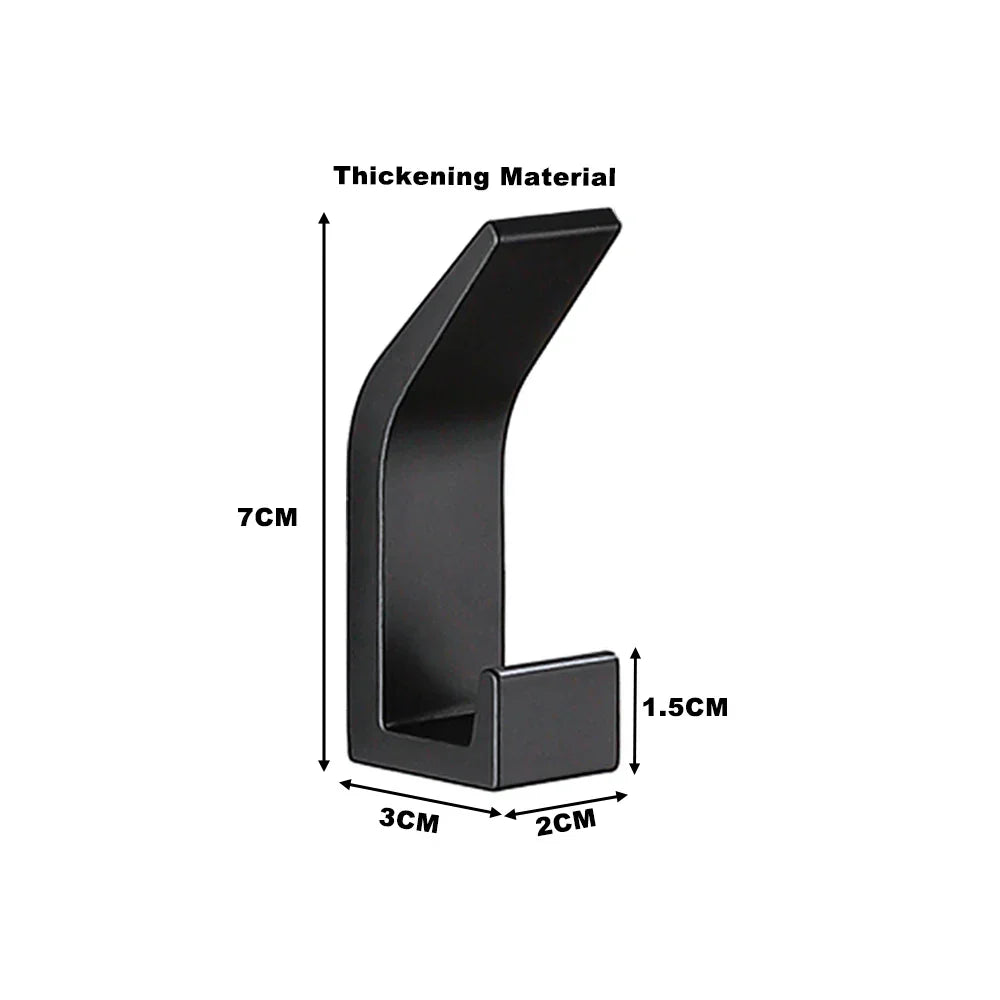 Wall Hook - Solid Aluminum - Black - With Bathroom Adhesive - For Bathroom and Living Room - 7x3cm