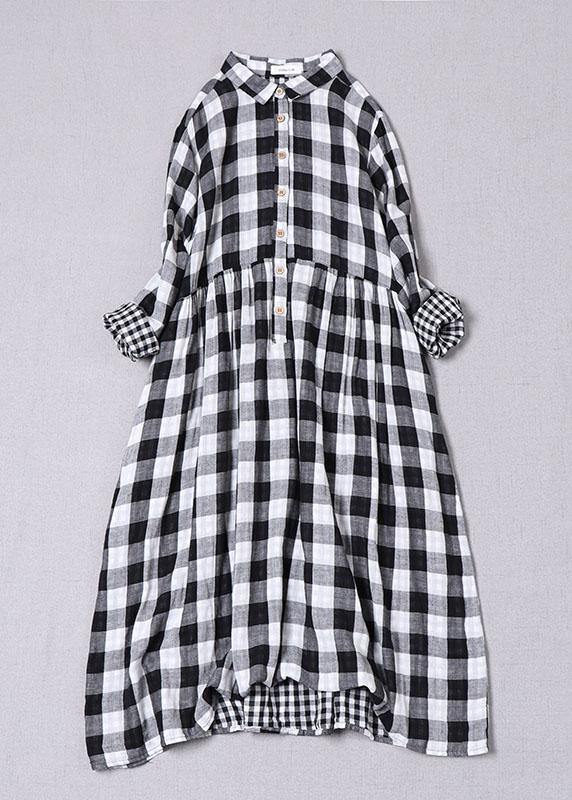 Bohemian Black White Plaid PeterPan Collar Pockets Button Fall Patchwork Dresses