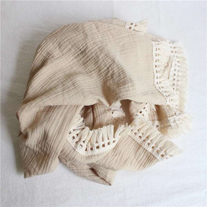 Cotton Muslin Swaddle Blanket for Baby with Tassel Detail - 3 Colours