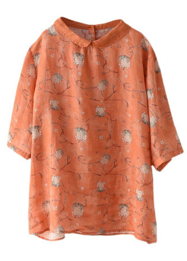 DIY Orange Print Ramie Half Sleeve Shirt Summer