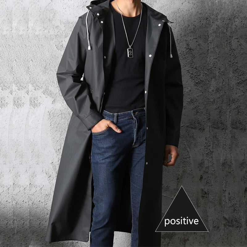 Waterproof Autumn Long Black Raincoat – Hooded, Thickened Jacket for Outdoor