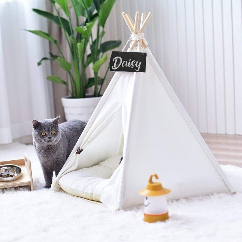 White Canvas Cat Teepee with Soft Cat Bed Cushion