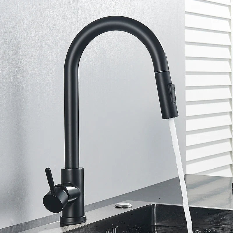 Sleek Black Kitchen Faucet: Flexible Pull-Out Nozzle with Dual Modes