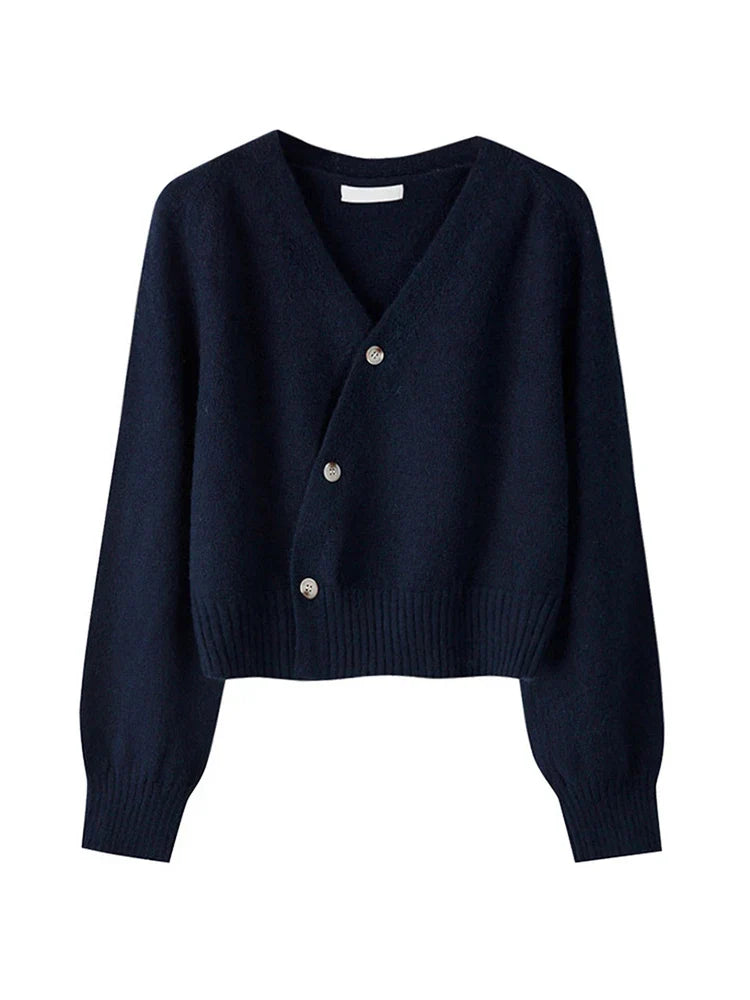 Autumn Winter Skew Button V-Neck Cardigan - Women's Knitted Cashmere Sweater