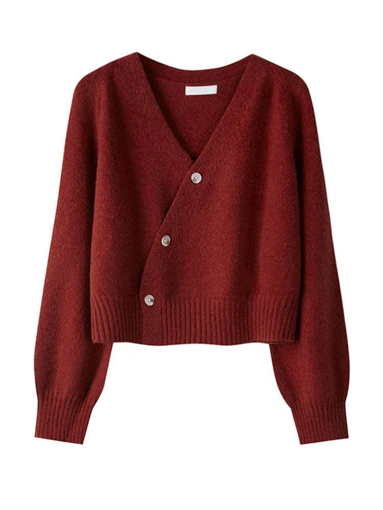 Autumn Winter Skew Button V-Neck Cardigan - Women's Knitted Cashmere Sweater