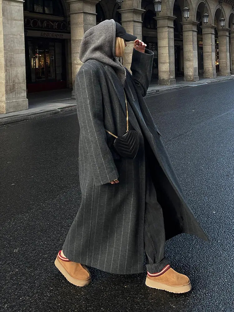 Ariana Jacket/Coat - Dark Grey Stripe Wool Blend Lapel Jacket for Autumn/Winter