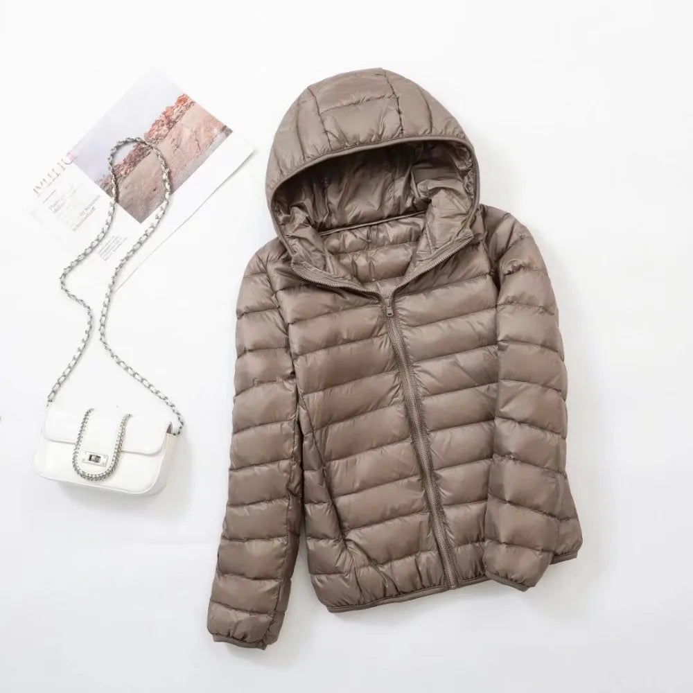 Slim Fit Hooded Down Jacket - Warm White Duck Down Coat for Women