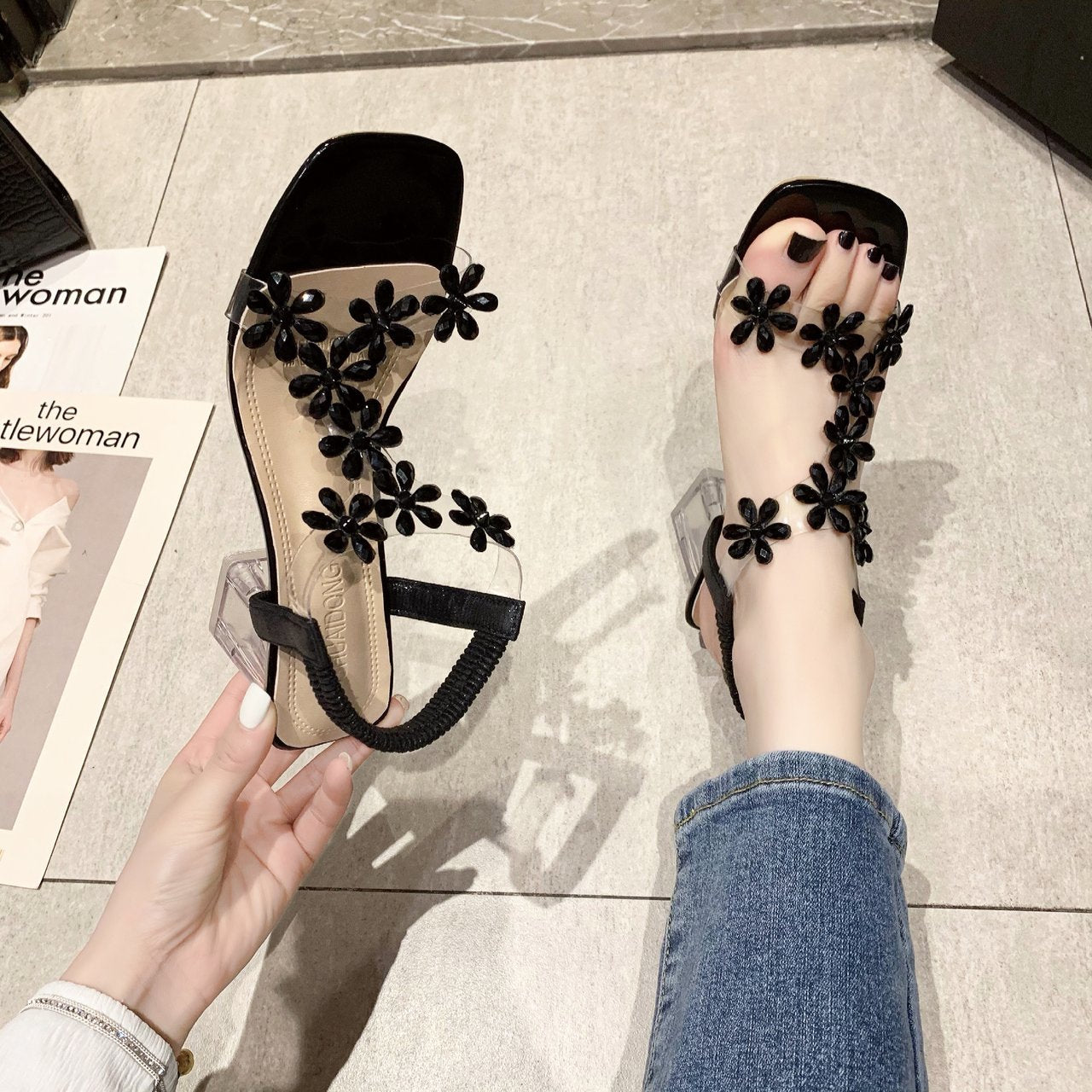 Clara Rhinestone Flower Block Heel Sandals