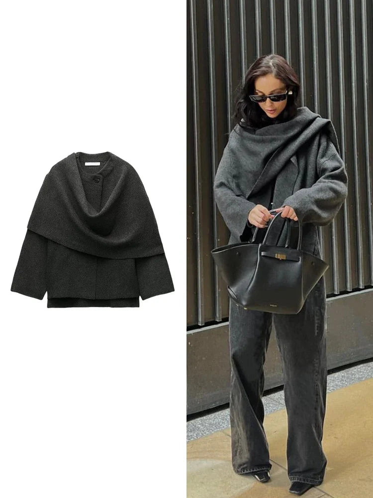 Aurora Jacket - Single-Breasted Asymmetric Scarf Knitted Jacket for Autumn/Winter