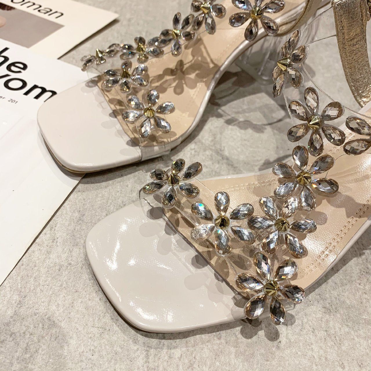 Clara Rhinestone Flower Block Heel Sandals