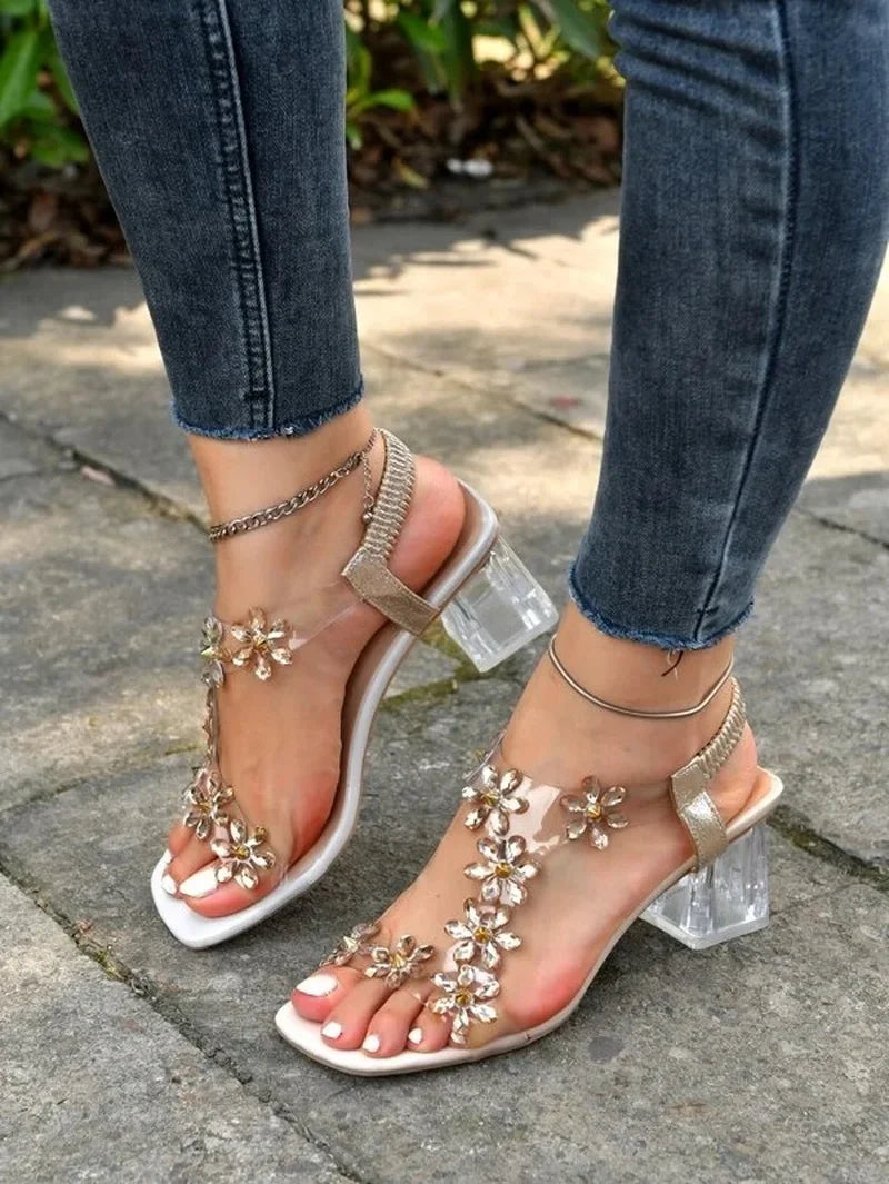 Clara Rhinestone Flower Block Heel Sandals