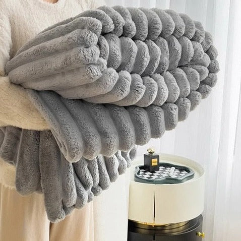 Super Soft Fluffy Faux Rabbit Throw - Off White, Beige & Grey