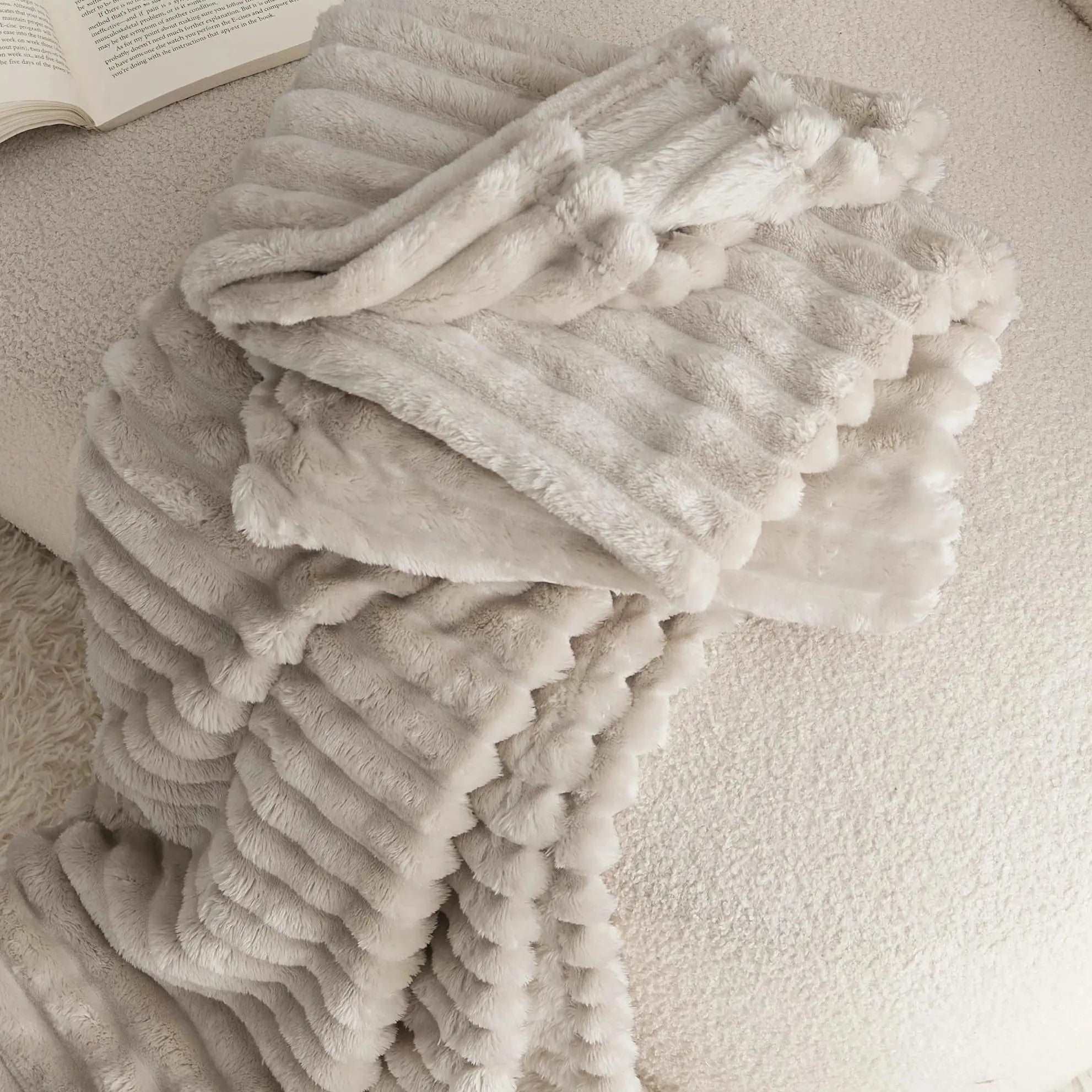 Super Soft Fluffy Faux Rabbit Throw - Off White, Beige & Grey