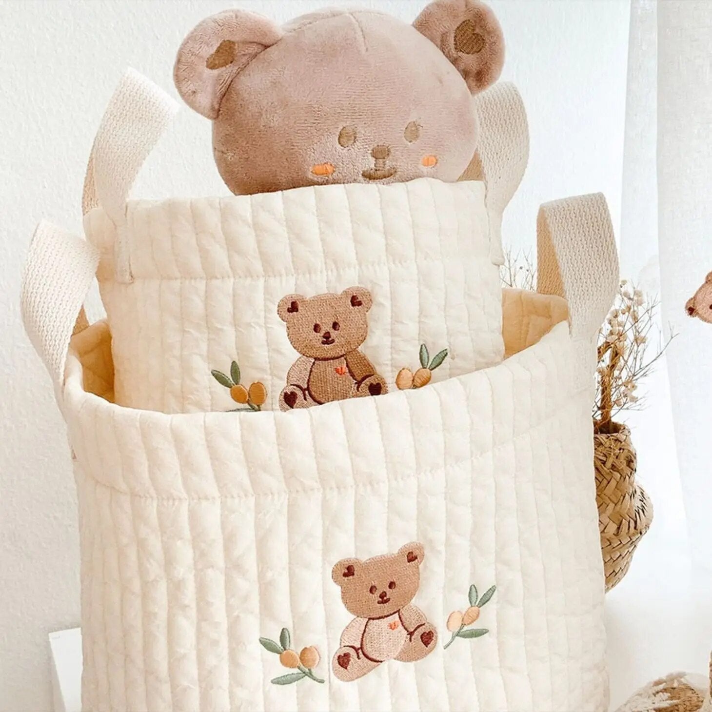 White Embroidered Cotton Baby Basket Storage Organisers - 4 Styles