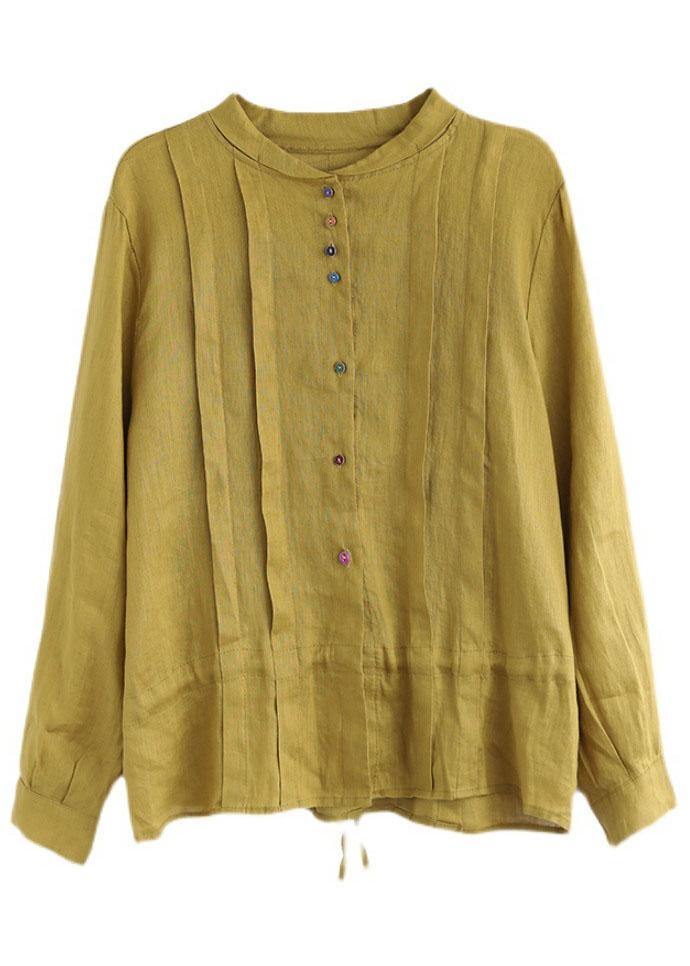 Women Yellow Elegant Button Fall Top Long Sleeve Linen