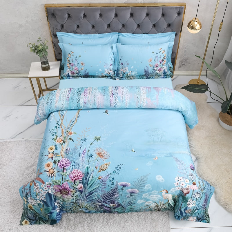 Botanical Sky Blue Duvet Cover Set (Egyptian Cotton, 500 TC)