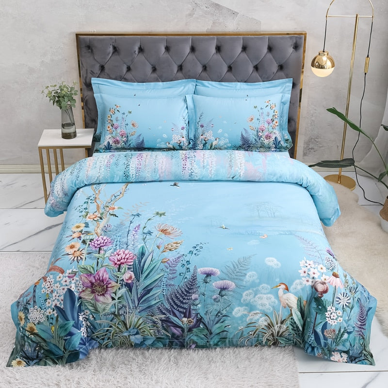 Botanical Sky Blue Duvet Cover Set (Egyptian Cotton, 500 TC)