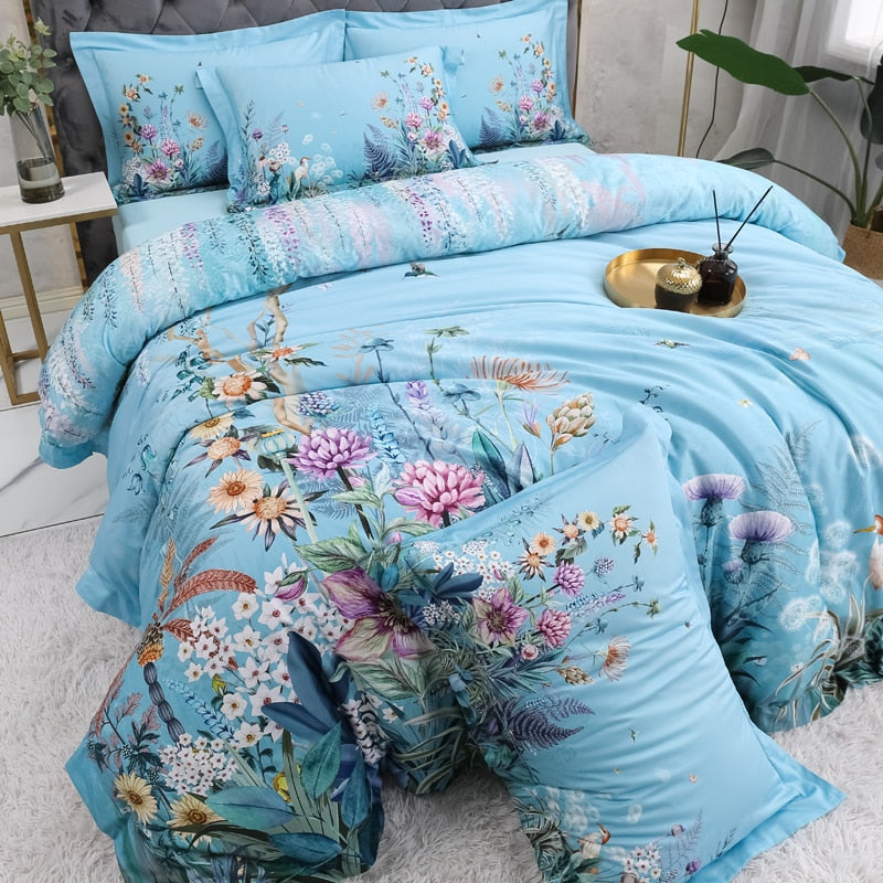 Botanical Sky Blue Duvet Cover Set (Egyptian Cotton, 500 TC)