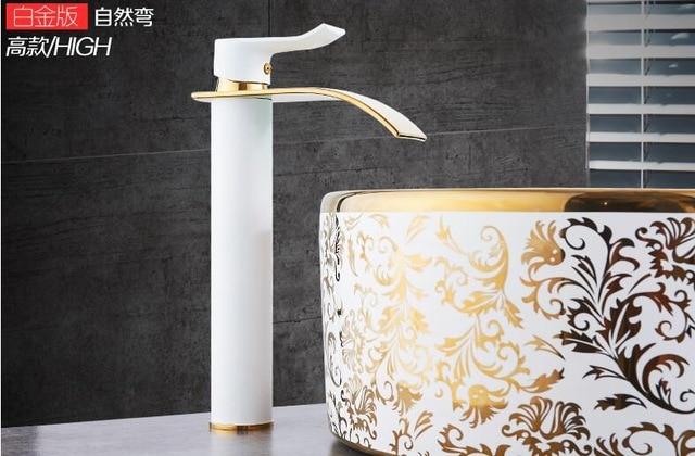 Brass Gold & White Waterfall Luxury Bathroom Faucet - Contemporary Deck Mounted Single Handle Basin Faucet