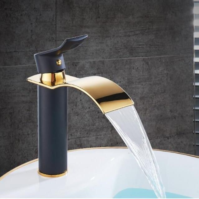 Brass Gold & White Waterfall Luxury Bathroom Faucet - Contemporary Deck Mounted Single Handle Basin Faucet