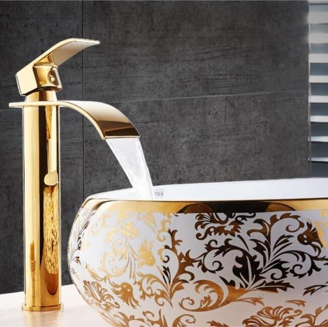 Brass Gold & White Waterfall Luxury Bathroom Faucet - Contemporary Deck Mounted Single Handle Basin Faucet