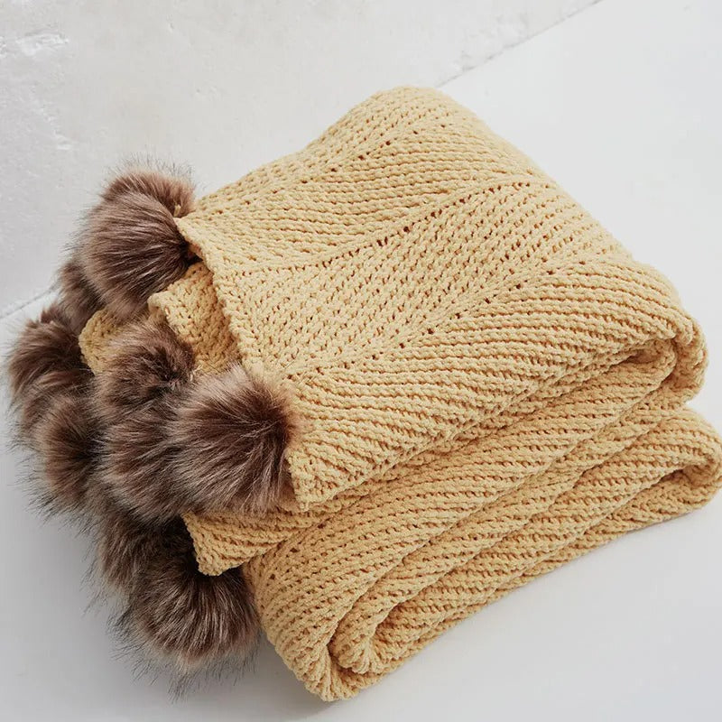 Chunky Knit Chenille Blanket with Cute Pom Poms