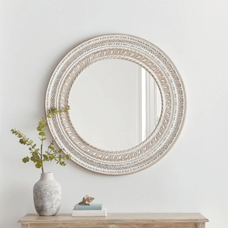 Aiyana Wood Carved Decorative Round Wall Mirror