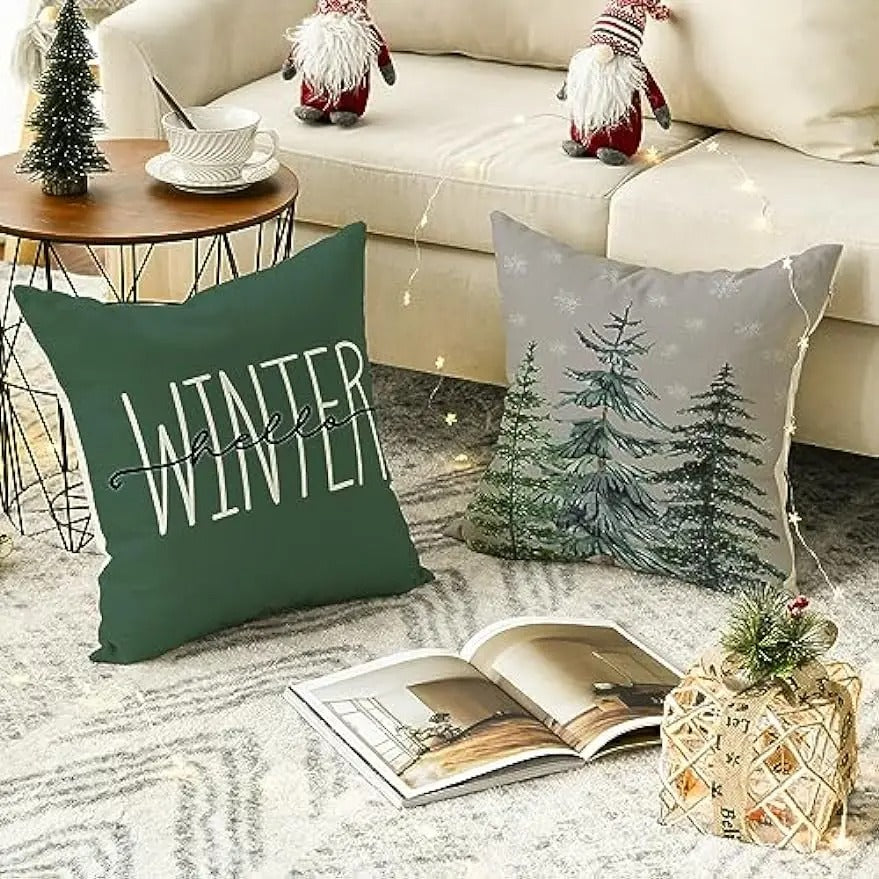 Colorful Christmas Cushion Cover – 'Merry Christmas Tree' & 'Hello Winter' Design