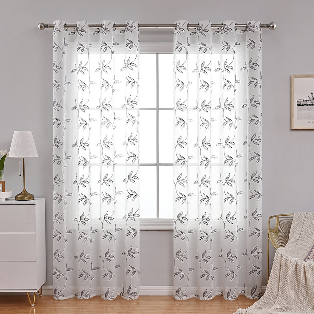 ChicFloral - Polyester Curtain with Flower and Leaves Pattern in White and Gray