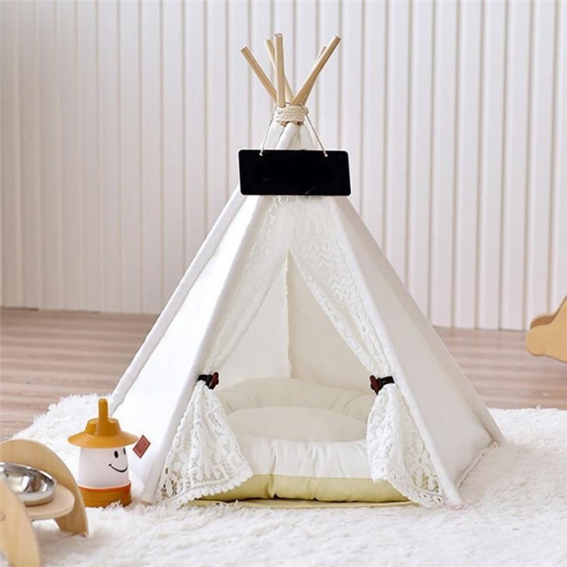 White Lace Boho Dog Teepee with Plush Dog Bed