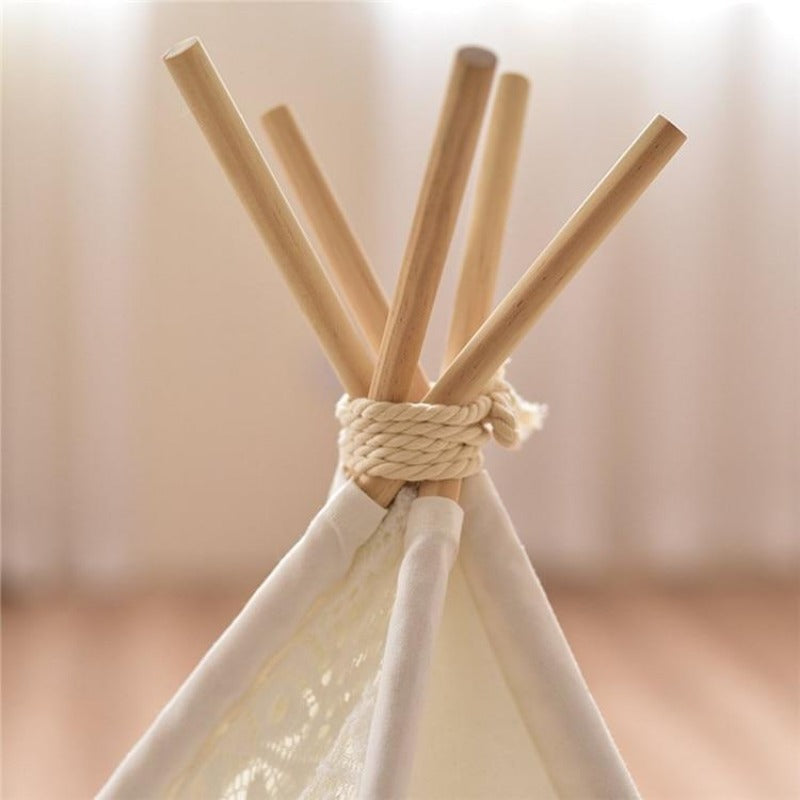 White Lace Boho Dog Teepee with Plush Dog Bed