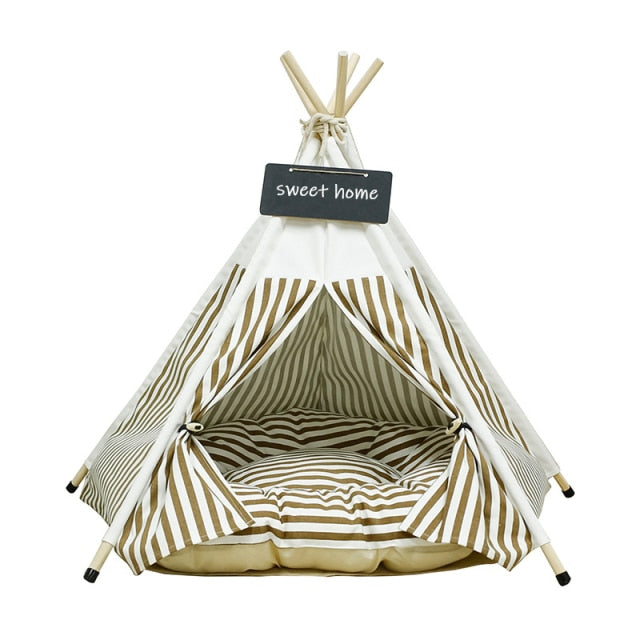 Vermont Striped Dog Teepee with Plush Dog Bed Cushion