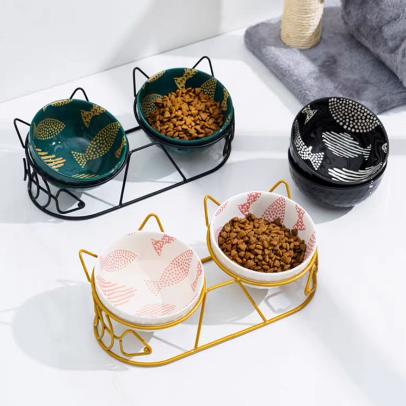 Cute Tilted Ceramic Dual Cat Bowl with Stand