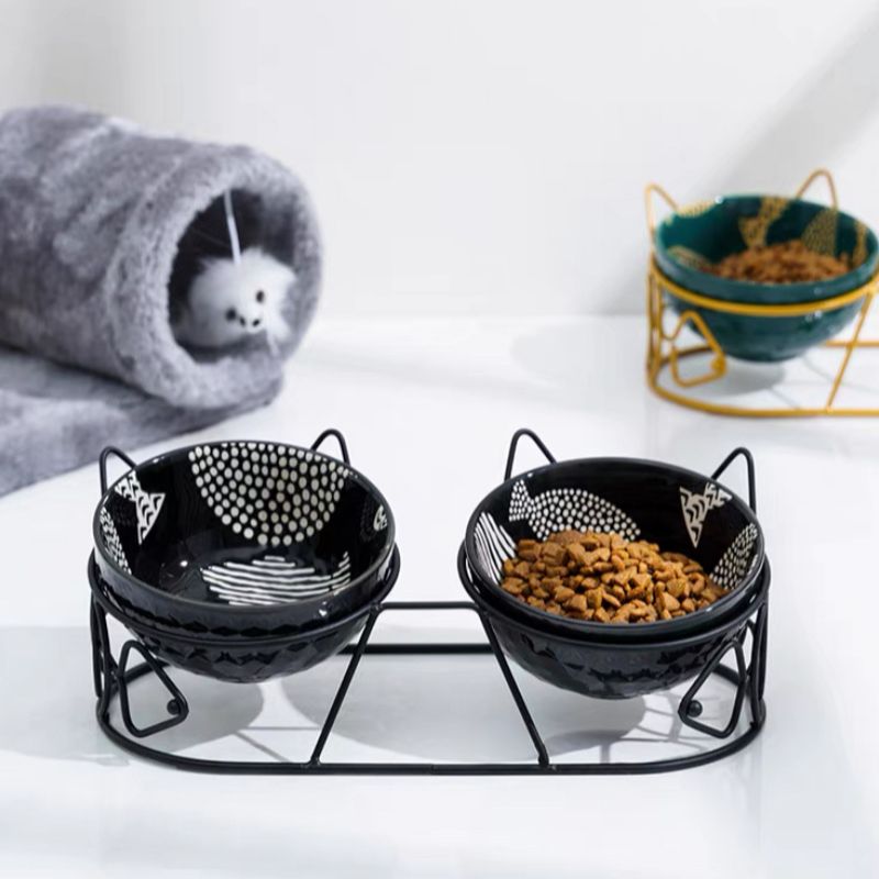 Cute Tilted Ceramic Dual Cat Bowl with Stand