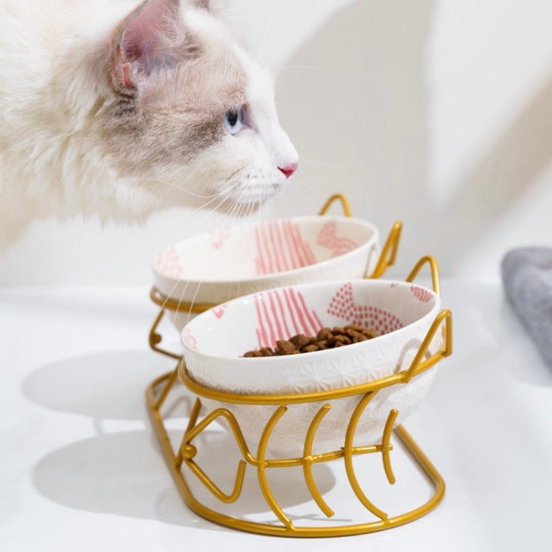 Cute Tilted Ceramic Dual Cat Bowl with Stand