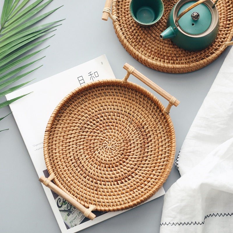 Round Rattan Tray with Handles